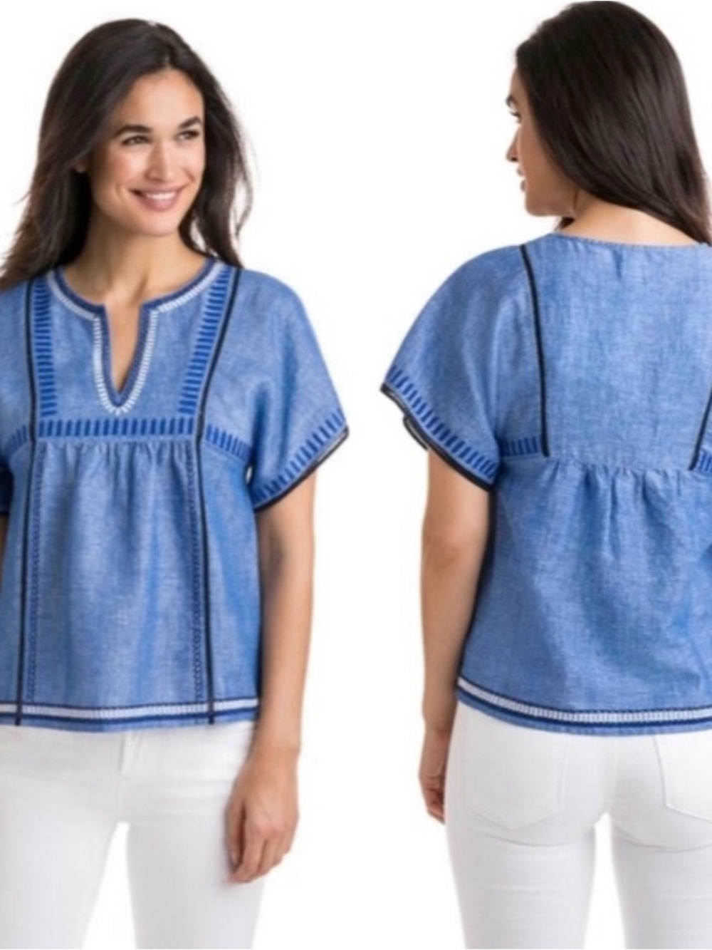 Vineyard Vines chambray embroidered flutter sleeved blouse small